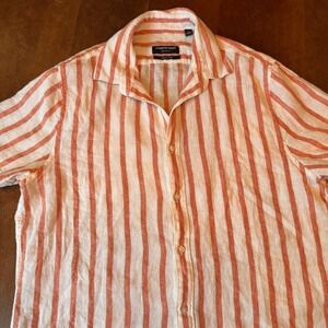 Country Road Shirt Men XL Orange White Striped Organic Linen Short Sleeve (READ)
